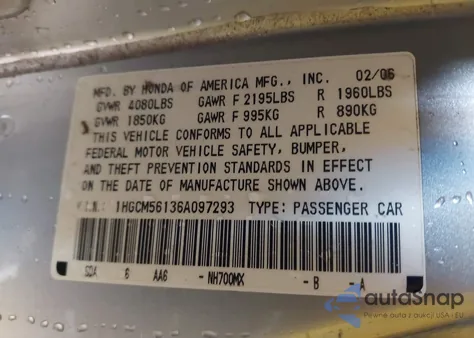 2006 Honda Accord 2.4 Vp z USA, uszkodzony, nr VIN 1HGCM56136A097293